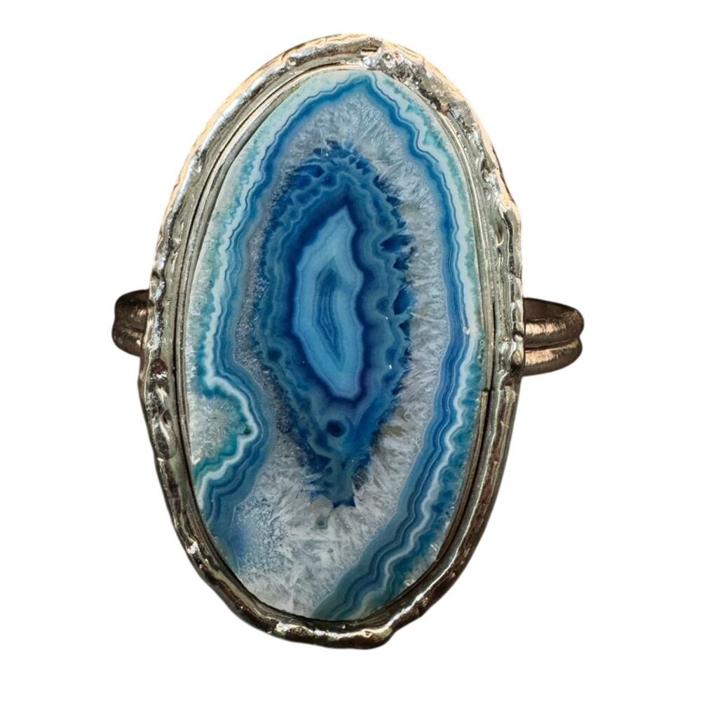 Blue Agate Slice Cuff Silver-tone Bracelet